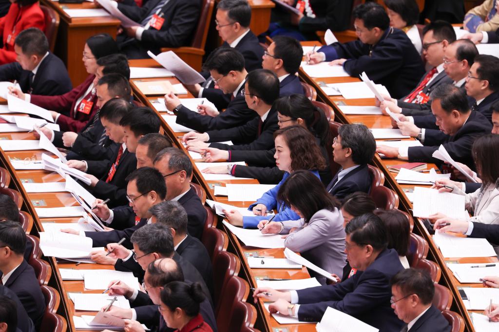 3月8日，十四屆全國(guó)人大二次會(huì)議在北京人民大會(huì)堂舉行第二次全體會(huì)議。新華社記者 王婧嬙 攝