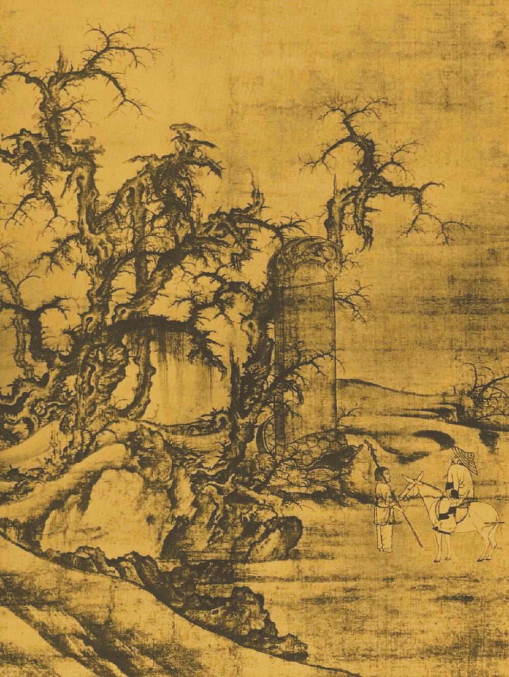 《黑神話：悟空》中的室外場(chǎng)景，隨處可見(jiàn)中國(guó)古代山水畫(huà)的影子。左圖為游戲畫(huà)面，右圖為北宋李成《讀碑窠石圖》。