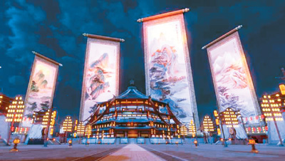 《唐宮夜宴》展覽中，含元殿外景。 　　出品方供圖