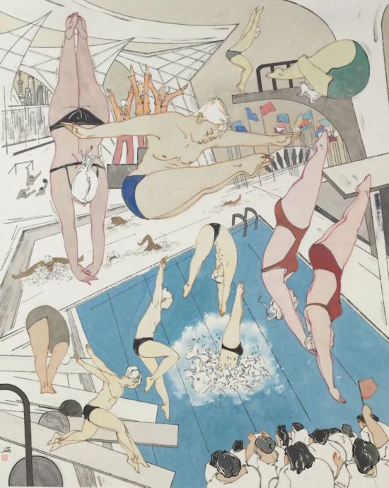 白瓔《第十四屆國際泳聯(lián)世界錦標賽在上海舉行》194×154cm&nbsp;中國畫2021年 中華藝術宮（上海美術館）藏
